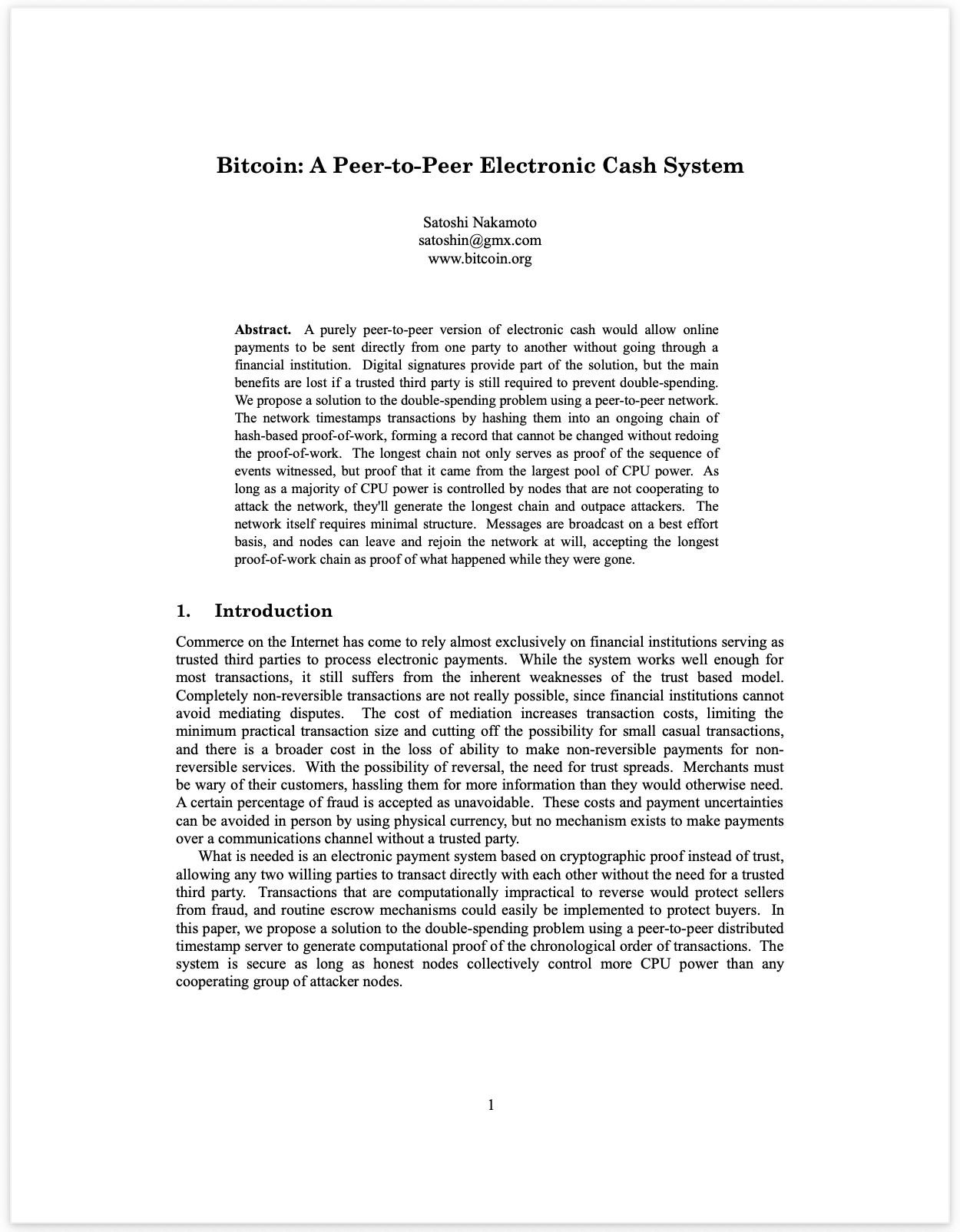 Figure: the first page of the extracted Bitcoin whitepaper PDF.